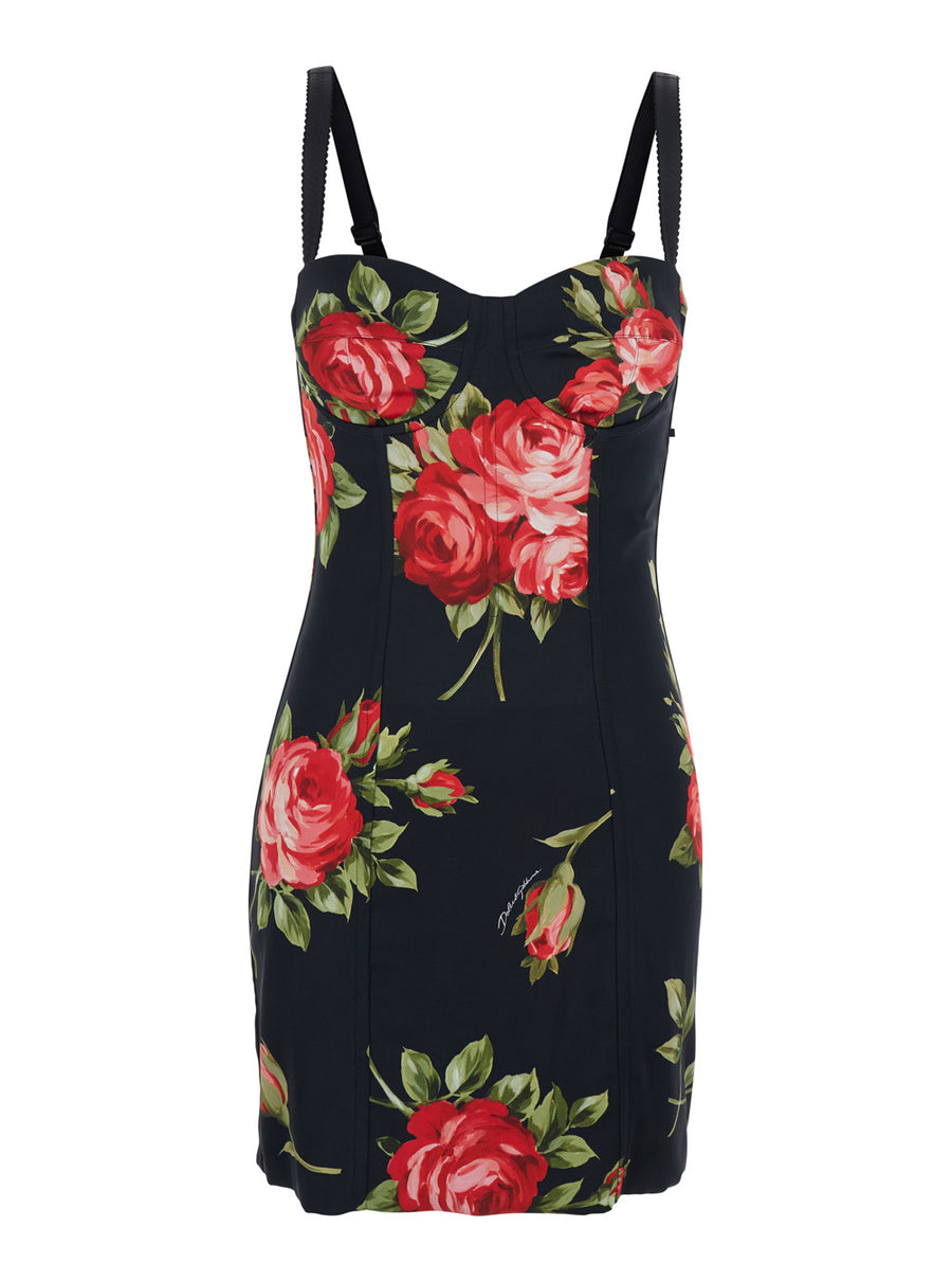 Short Dress Black Floral Viscose Elastane