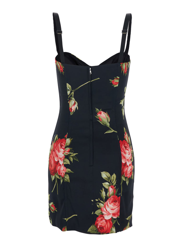 Black Short Dress with Floral Print in Viscose Woman Elastane Silk