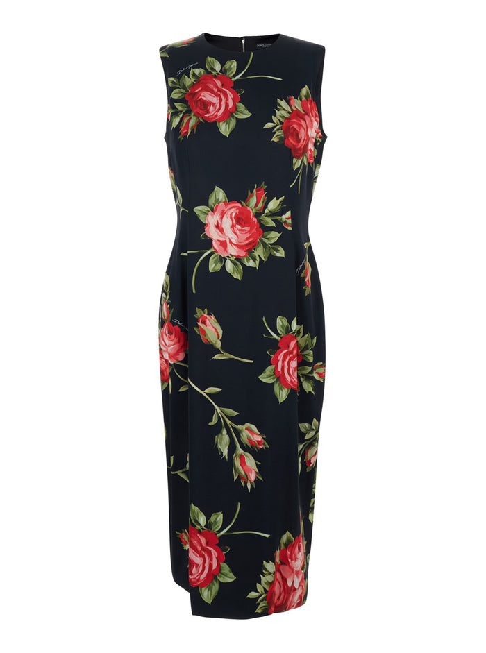 Black Dress with all-over floral print in silk for women Elastane