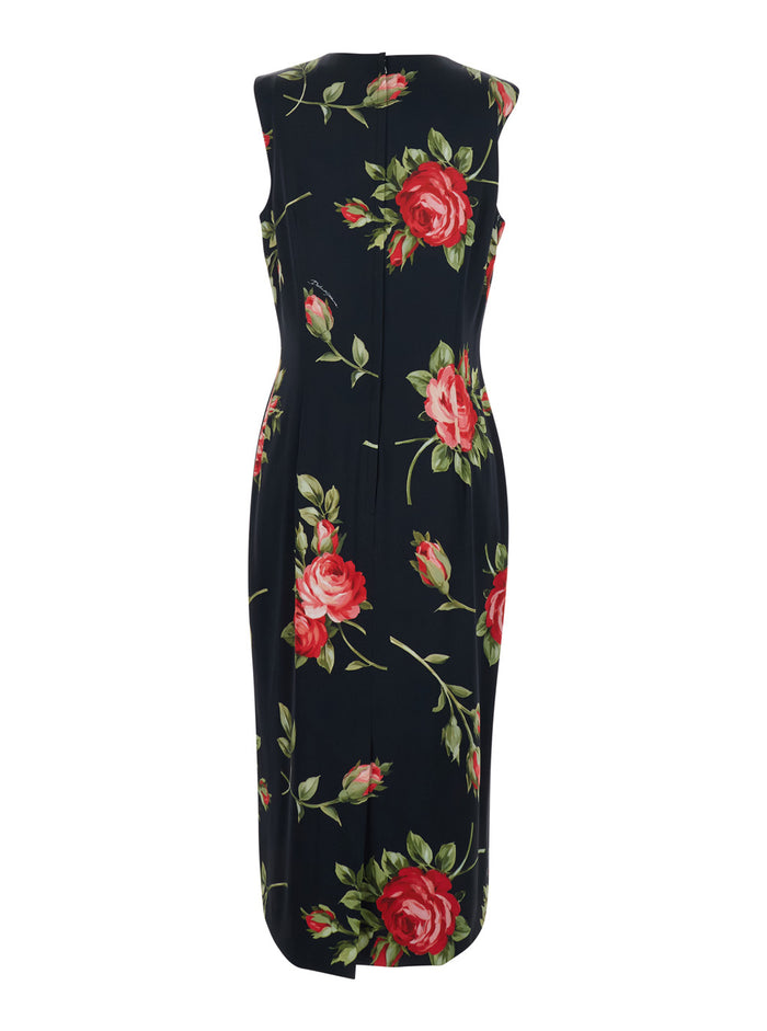 Black Dress with all-over floral print in silk for women Elastane