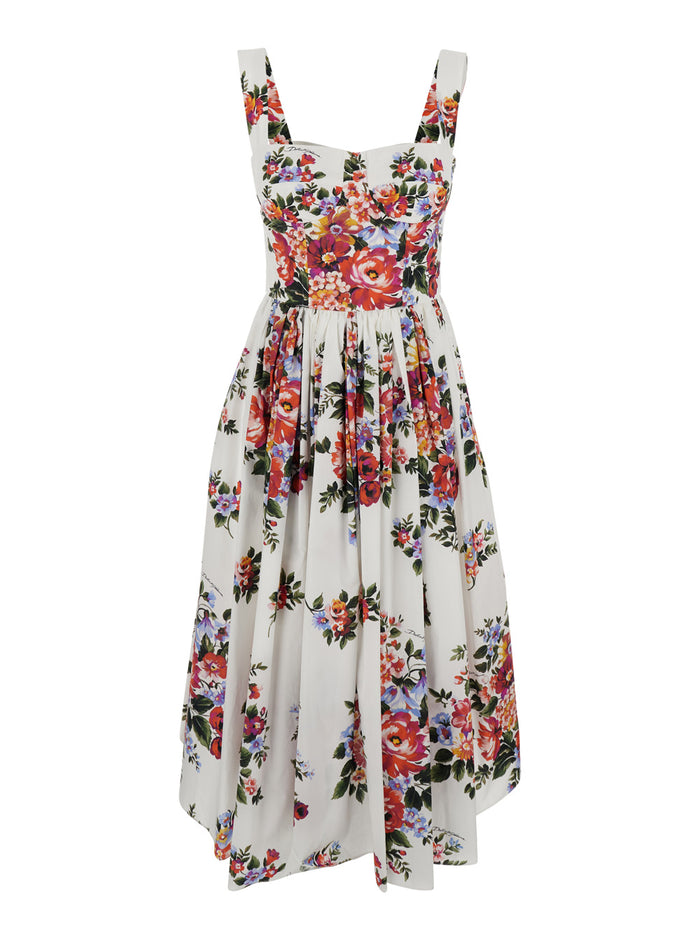 White Dress With All-Over Floral Print Cotton For Women