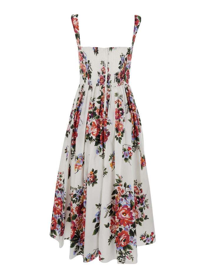 White Dress With All-Over Floral Print Cotton For Women