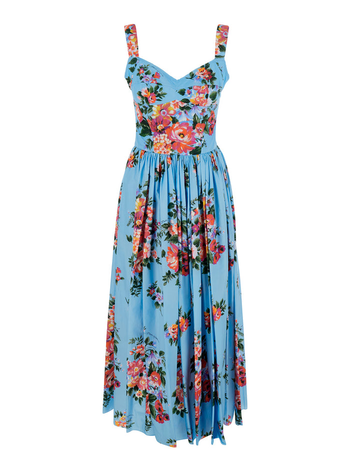 Blue Long Dress Printed Popeline Maxi With Cotton Print Motif Blu