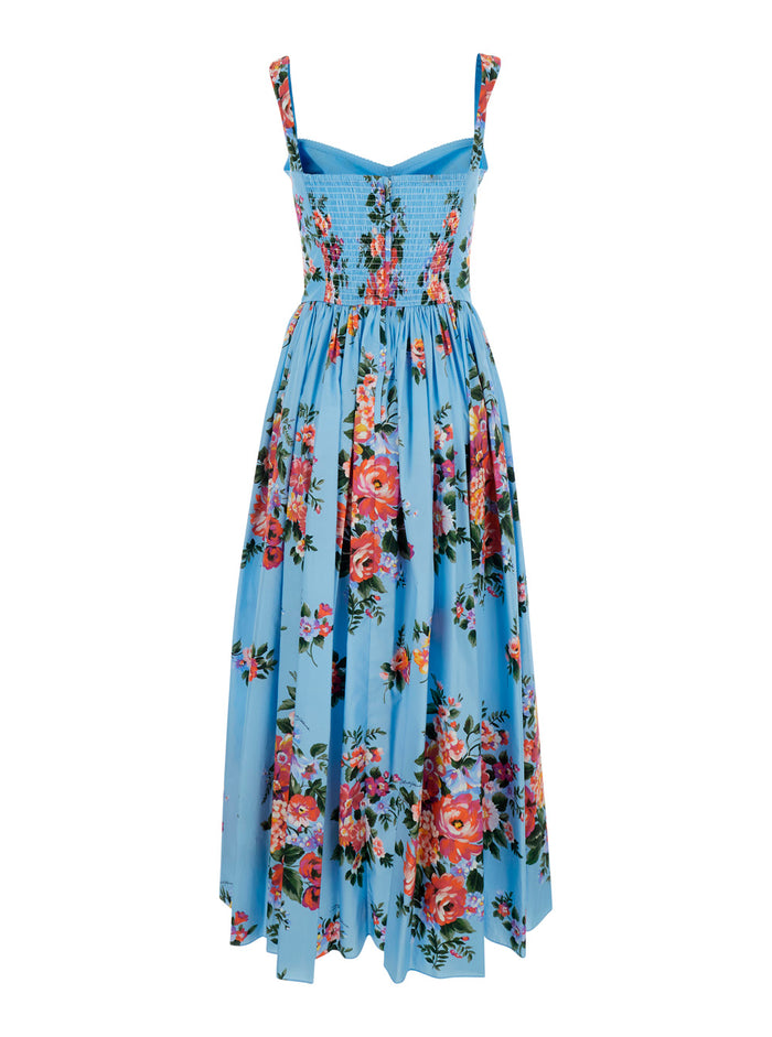 Blue Long Dress Printed Popeline Maxi With Cotton Print Motif Blu
