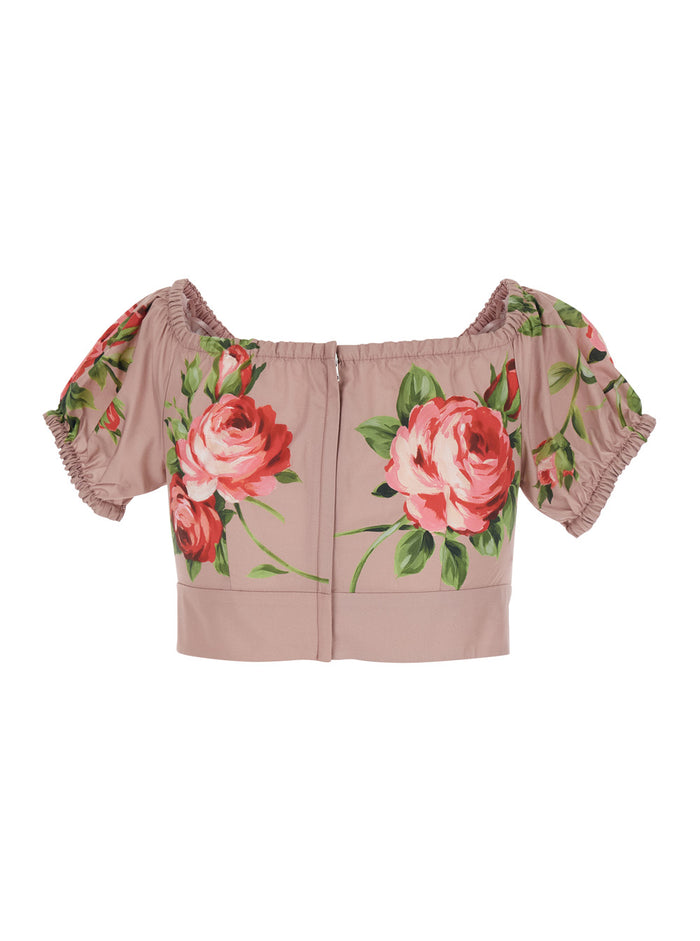 Pink Floral Print Crop Top with Double Knot In Cotton for Women Tops