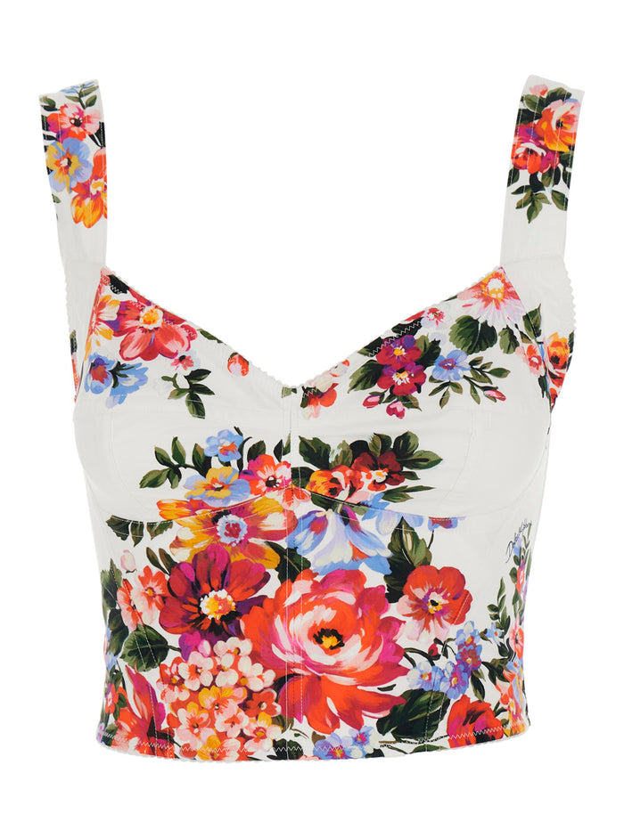 Multicolor Floral Print V-Neck Bustier Top in Cotton for Women Elastane Polyamide Tops