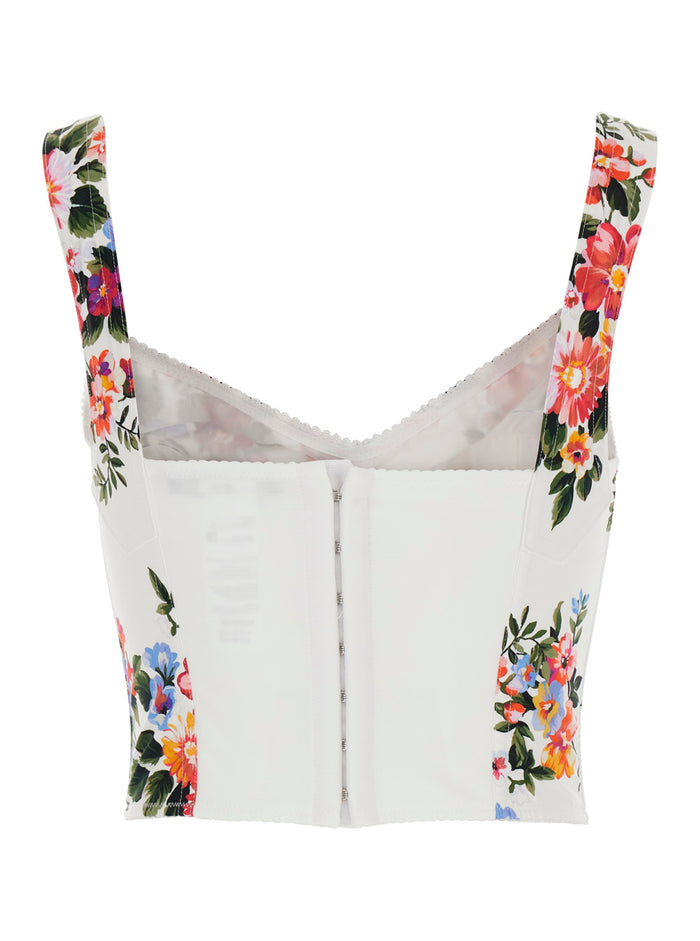 Multicolor Floral Print V-Neck Bustier Top in Cotton for Women Elastane Polyamide Tops