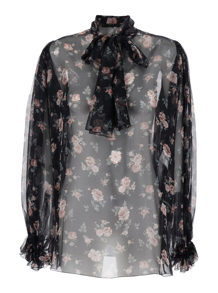Black Floral Print Blouse with Front Knot in Chiffon for Women Shirts And Blouses
