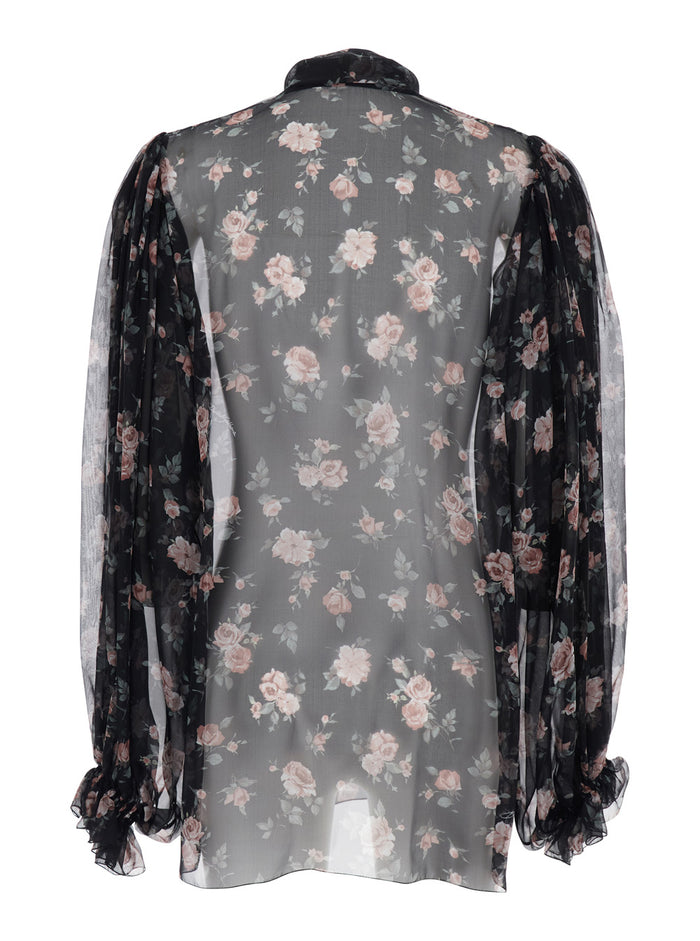 Black Floral Print Blouse with Front Knot in Chiffon for Women Shirts And Blouses