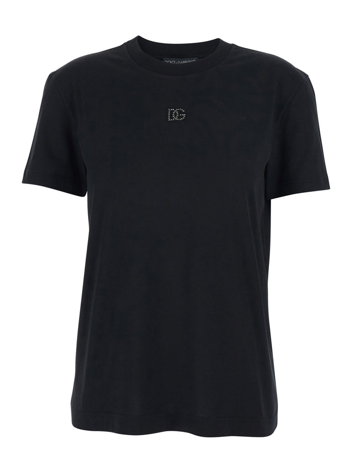Black T-Shirt with Logo Embroidery and Beads on the Front in Cotton for Women Tshirts Polo Shirts
