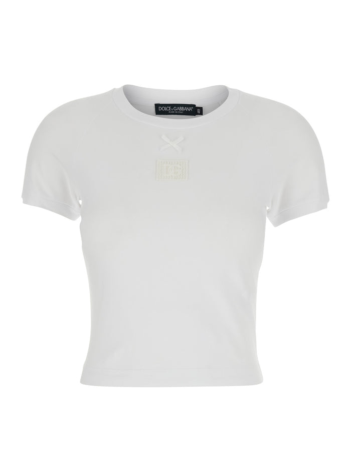 White Cotton Crew Neck T-Shirt with Bow and Logo on Front for Women Elastane Tshirts Polo Shirts