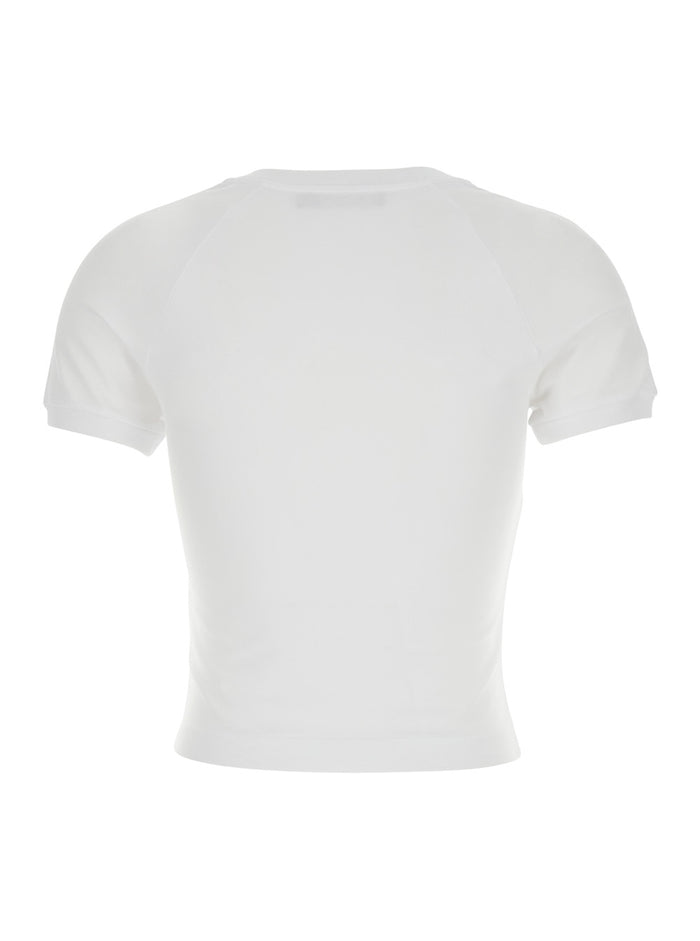 White Cotton Crew Neck T-Shirt with Bow and Logo on Front for Women Elastane Tshirts Polo Shirts
