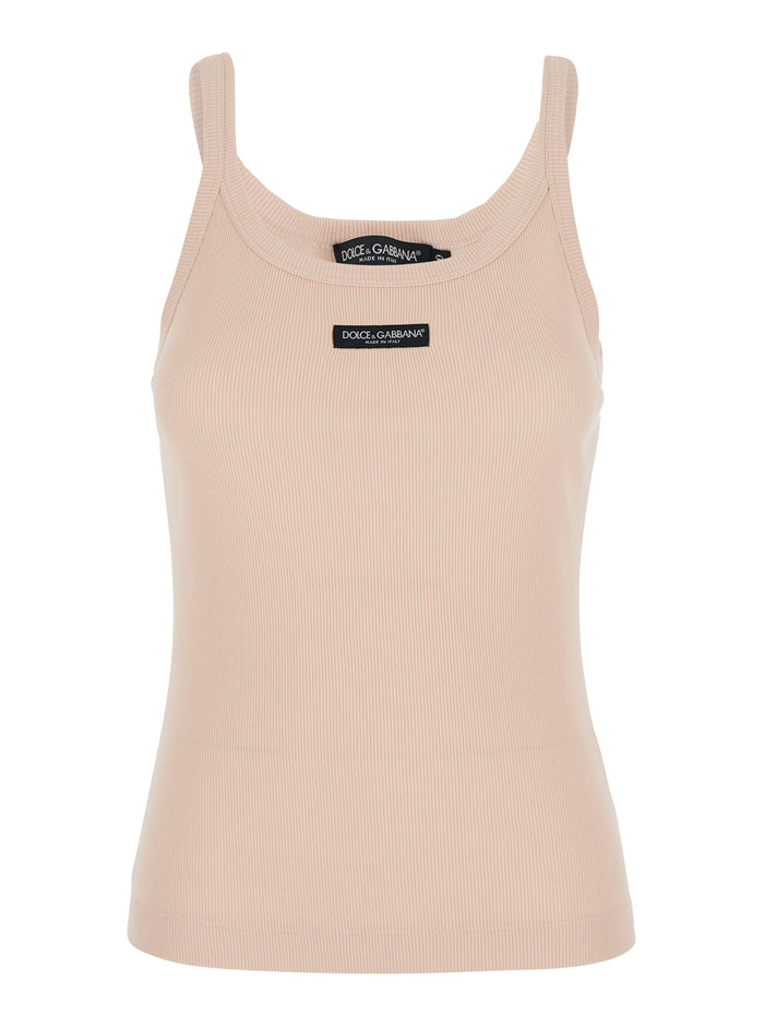 Pink Sleeveless Top with Round Neck and Logo Patch on the Front in Cotton for Women Tops