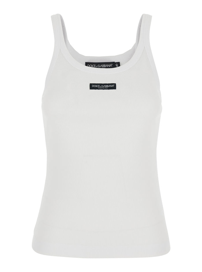 White Sleeveless Top with Logo Patch on the Front and Round Neck in Cotton for Women Tops