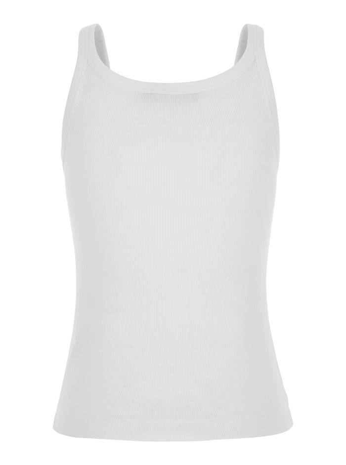 White Sleeveless Top with Logo Patch on the Front and Round Neck in Cotton for Women Tops