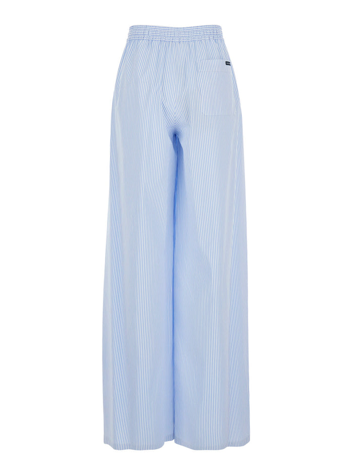 Blue Pants With Elastic Waist And Striped Motif Womens Fabric Light Trousers