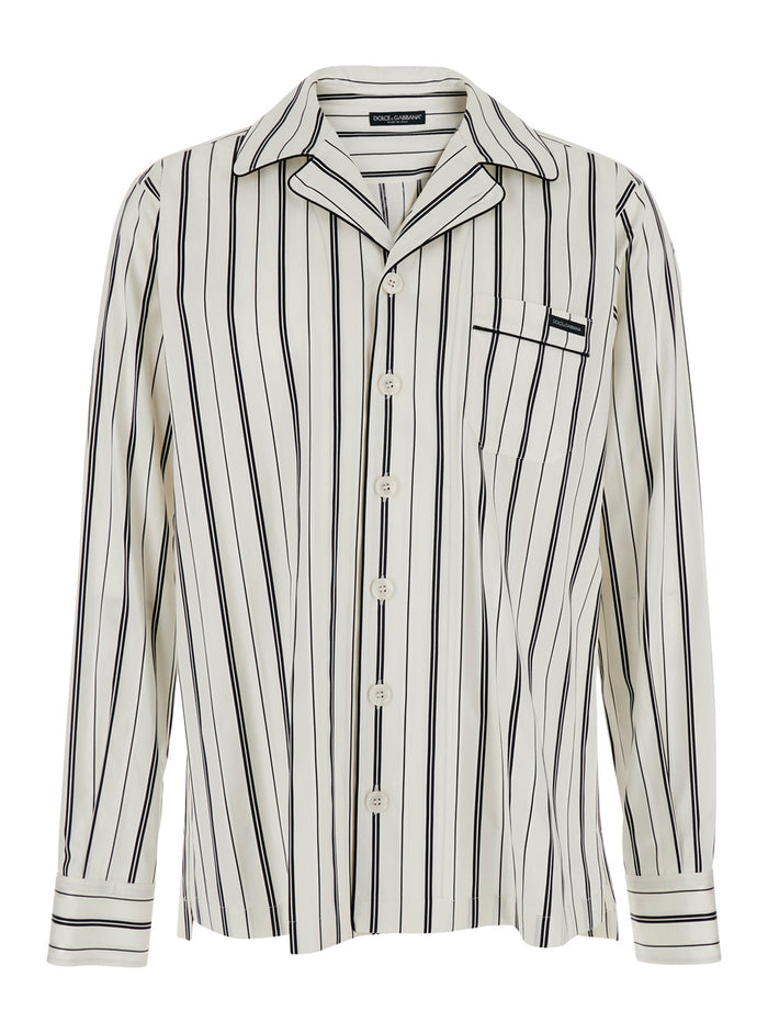 Black and White Long-Sleeved Shirt with Stripe Motif in Cotton for Men White/black Blouses