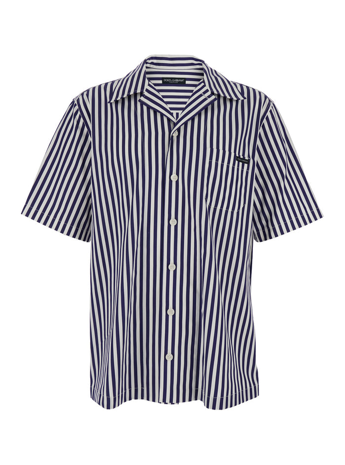 Blue Bowling Shirt with Cuban Collar and All-Over Striped Motif in Cotton for Men Blu Blouses
