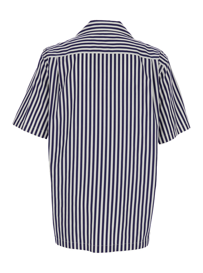 Blue Bowling Shirt with Cuban Collar and All-Over Striped Motif in Cotton for Men Blu Blouses