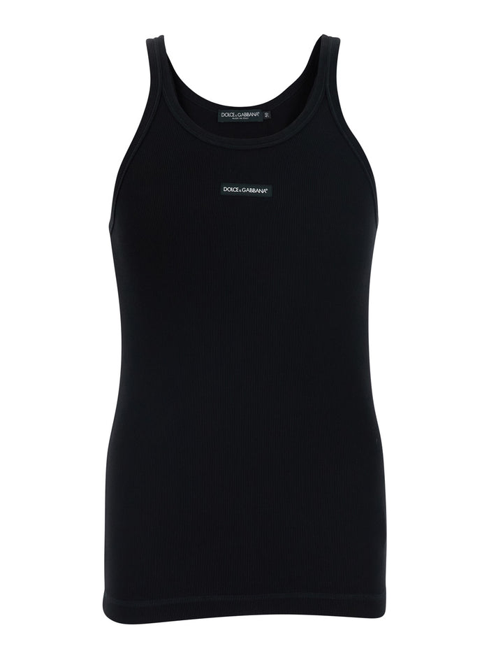 Black Sleeveless Top with Round Neck and Logo Patch on the Front in Cotton for Men Tops