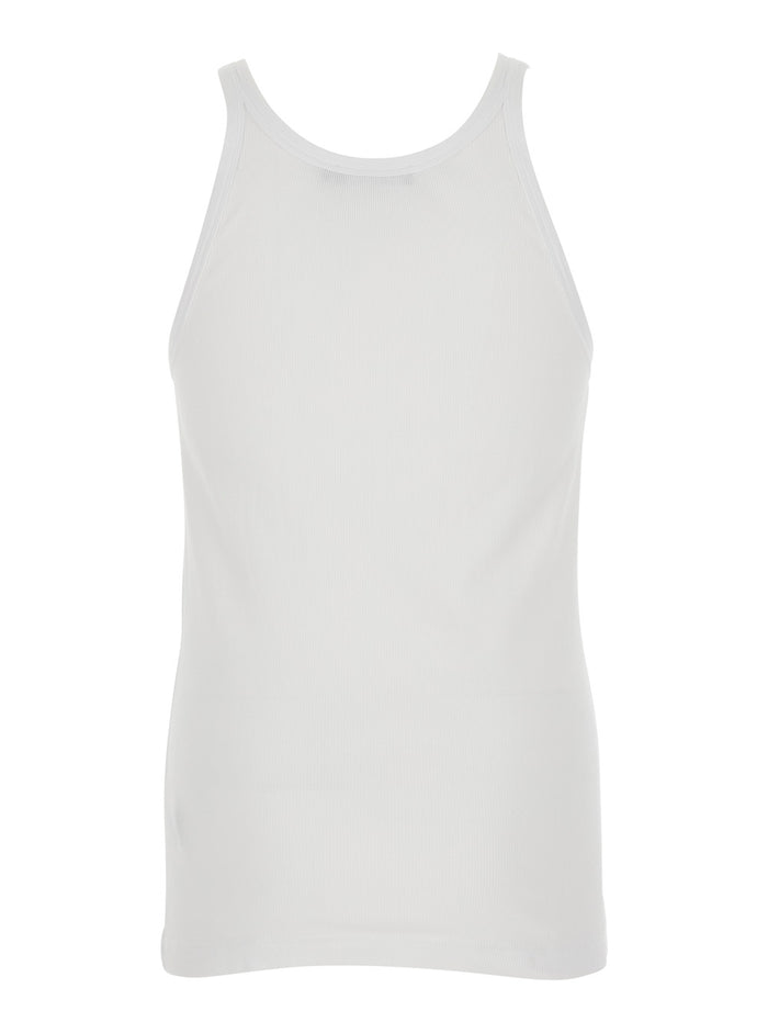 White Sleeveless Tank Top with Round Neck and Logo Patch on the Front in Cotton for Man Tops