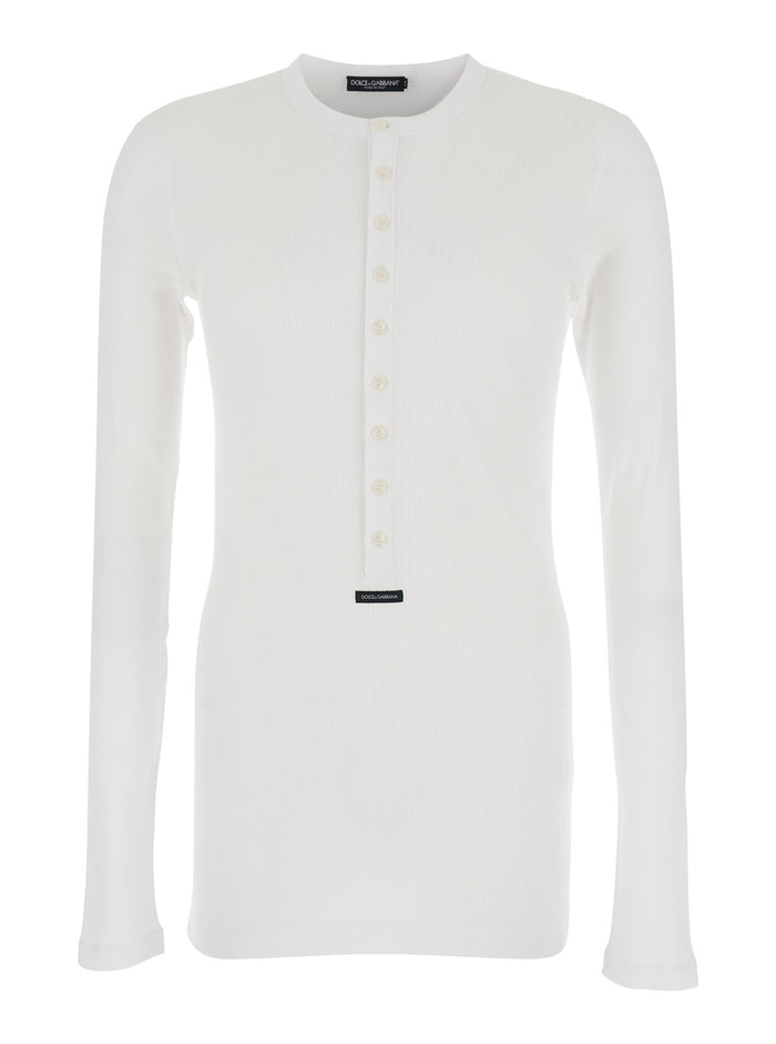 Serafino White Crew Neck T-Shirt with Long Sleeves and Logo Patch on the Front in Cotton for Men Tshirts Polo Shirts