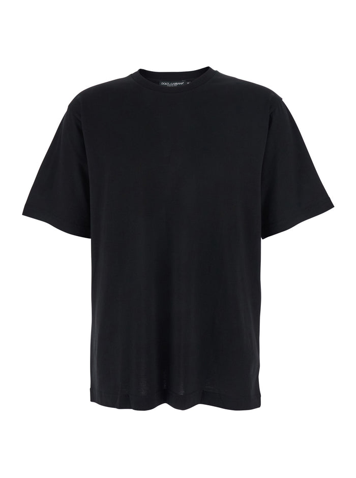 Black Crew Neck T-Shirt with Back Logo Patch in Cotton Man Tshirts And Polo Shirts