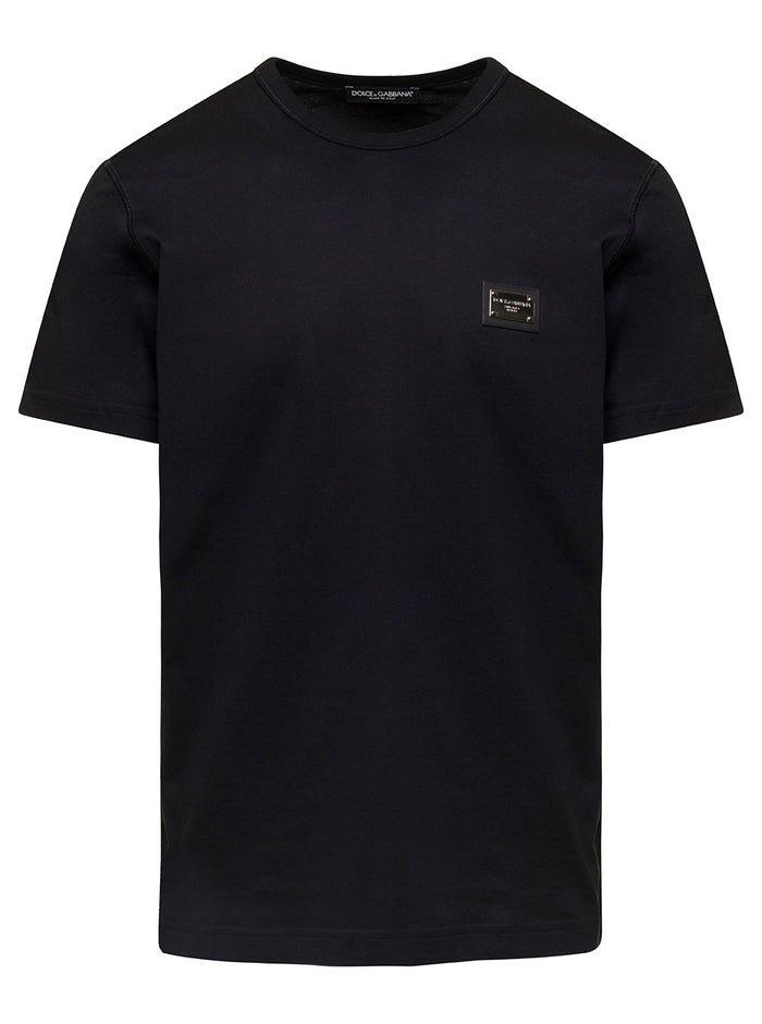Black T-Shirt with Logo Tag on the Front in Cotton for Men Tshirts And Polo Shirts