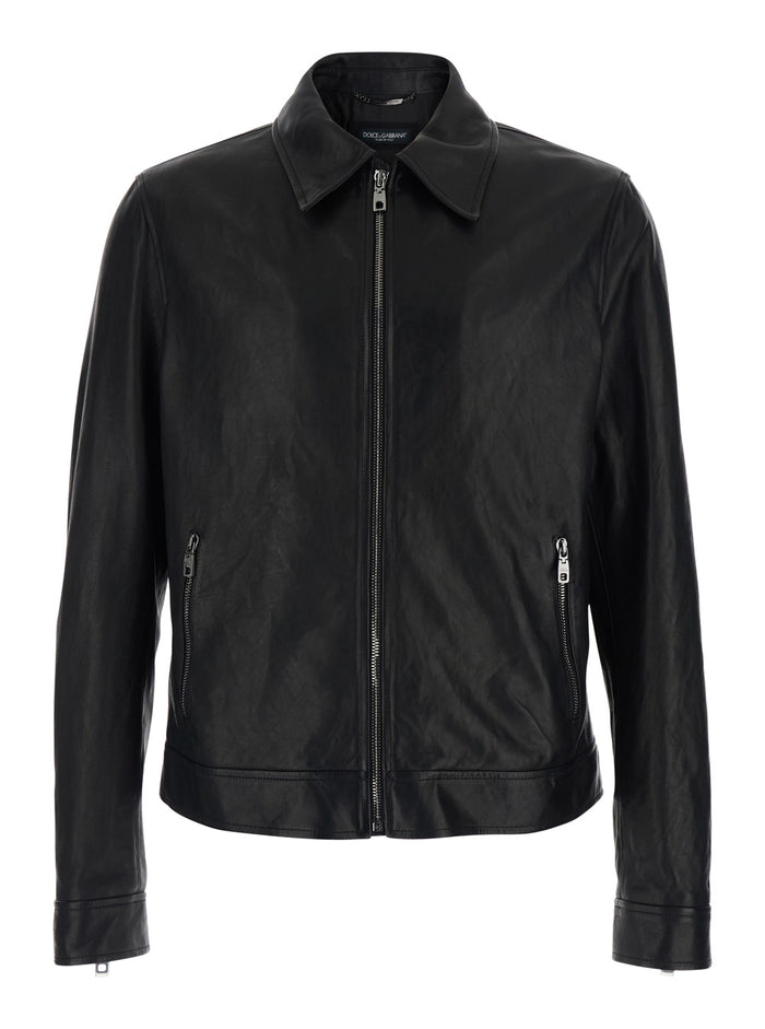 Black Jacket with classic collar and logo patch on the back in leather for men Viscose Outerwear