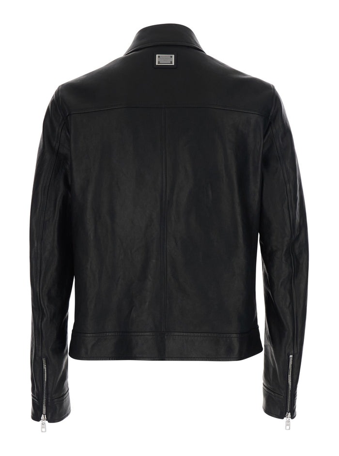Black Jacket with classic collar and logo patch on the back in leather for men Viscose Outerwear