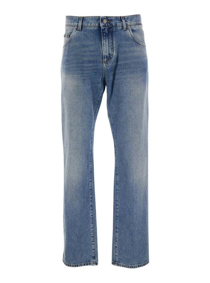 Blue Five-pocket jeans with logo patch on the back in denim for man Blu Cotton