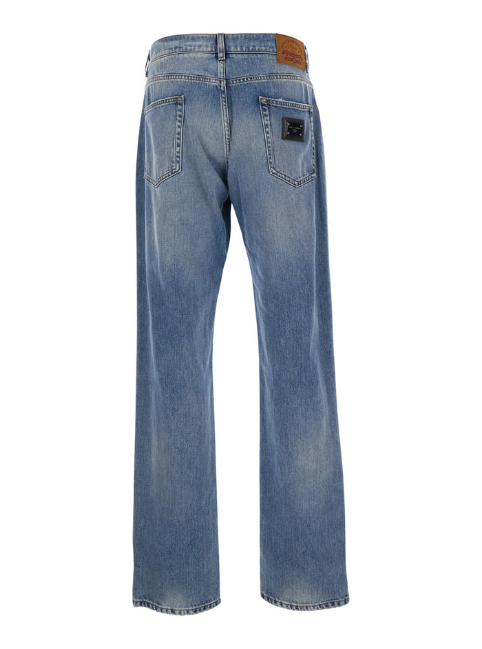 Blue Five-pocket jeans with logo patch on the back in denim for man Blu Cotton