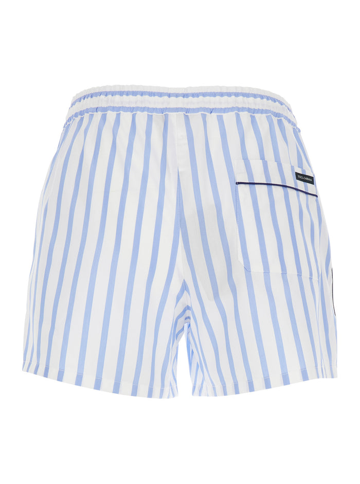 Light Blue Bermuda Shorts with Elasticated Waist and Drawstring All-Over Striped Motif in Cotton for Men