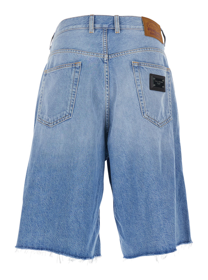 Blue Five-pocket Bermuda with metallic logo patch on the back in denim for men Light Cotton Shorts And