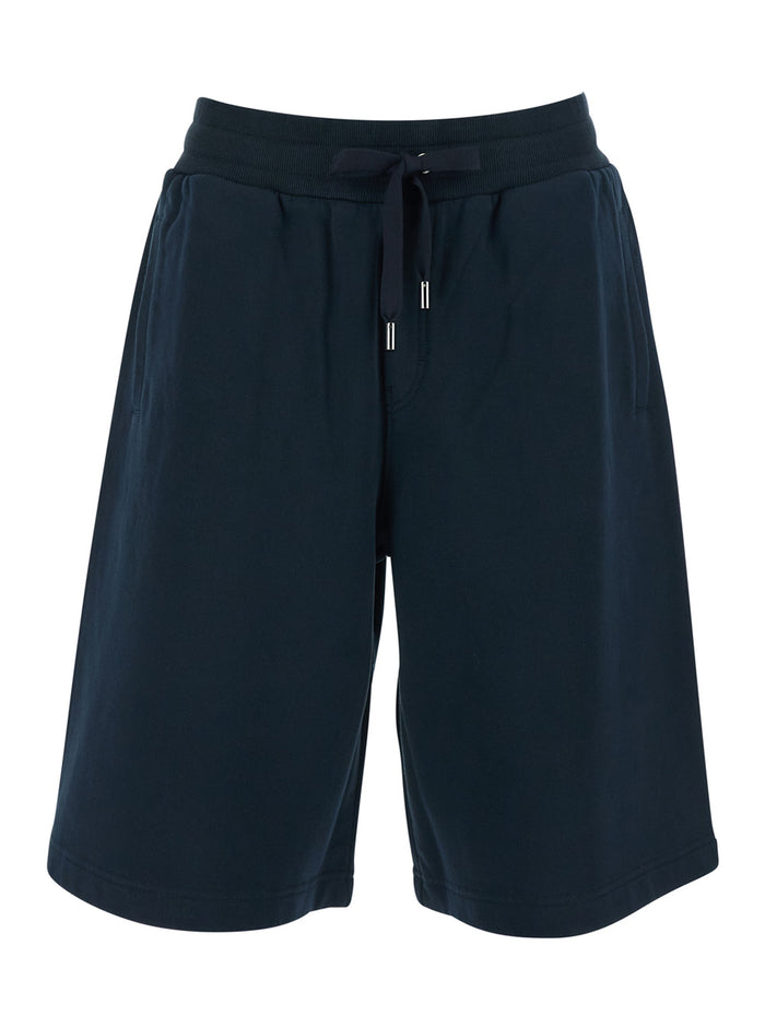 Blue Bermuda Shorts with Elastic Waist and Logo on the Back for Men Blu Cotton
