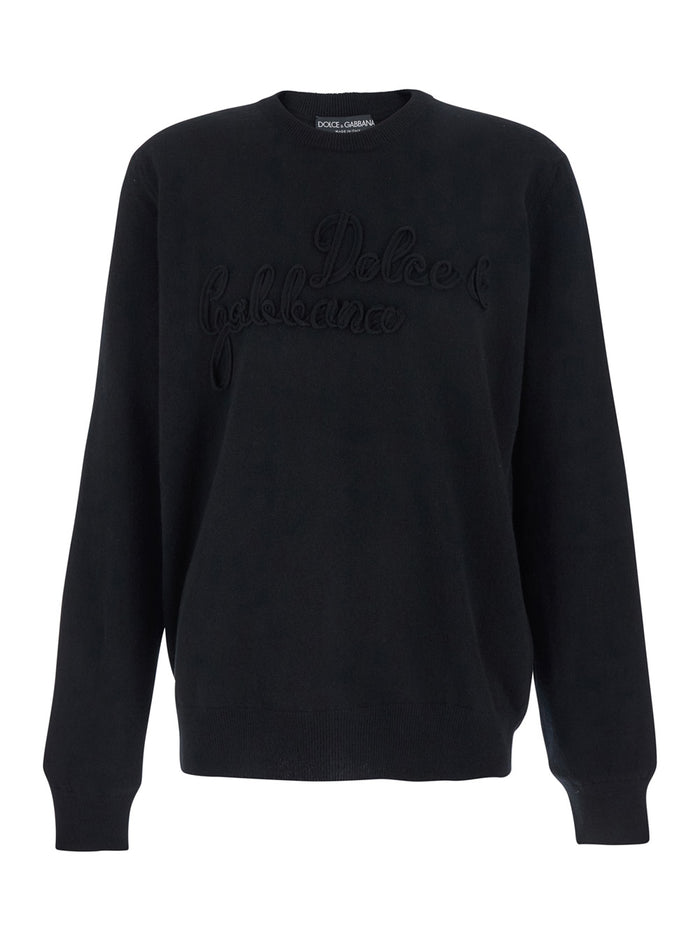 Crew Neck Sweater with Logo Lettering on the Front in Black Wool for Men Virgin Jersey