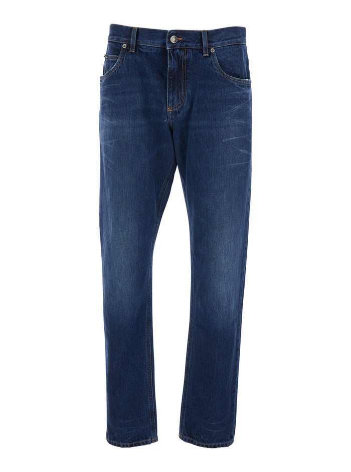 Blue Jeans with Belt Loops and Logo Patch on the Back for Men Blu Cotton