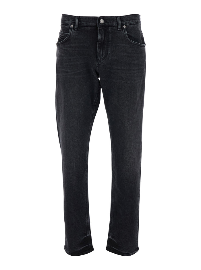 Black Jeans with Belt Loops and Logo Patch on the Back for Men Cotton