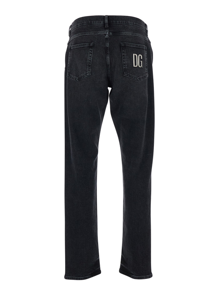 Black Jeans with Belt Loops and Logo Patch on the Back for Men Cotton