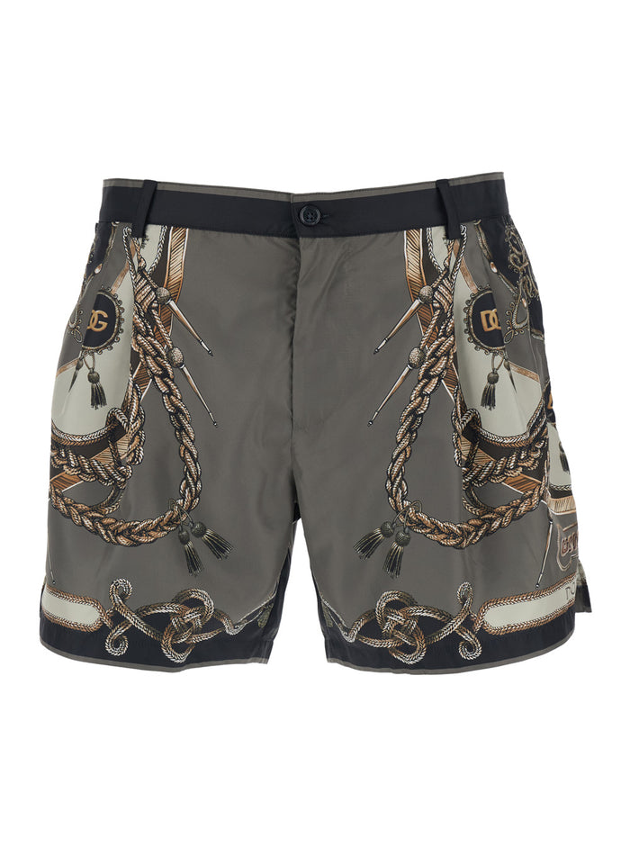 Grey Swim Shorts with all-over print in Tech Fabric for Men Beachwear