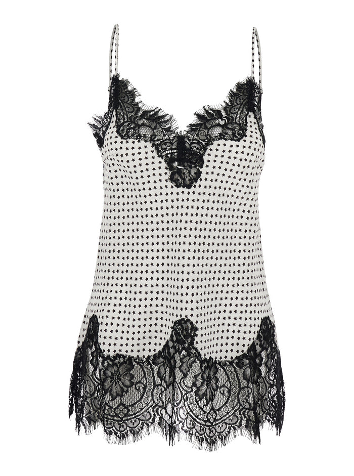 V-neck Top with All-over Print and Lace Details in White Fabric for Women Tops