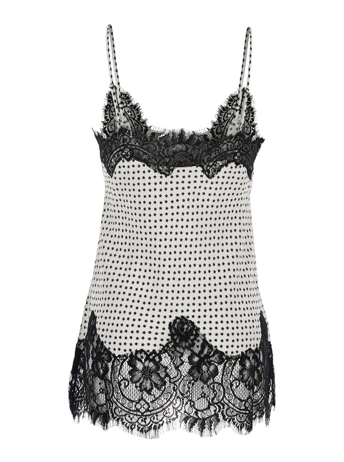 V-neck Top with All-over Print and Lace Details in White Fabric for Women Tops