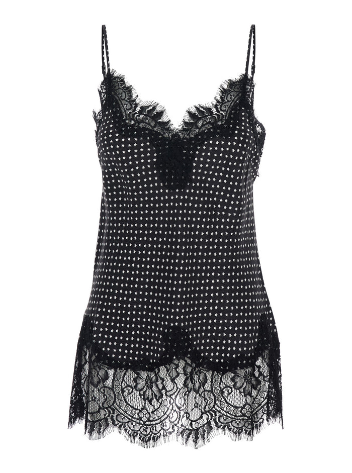 Black V-neck top with all-over print and lace details in fabric woman Tops