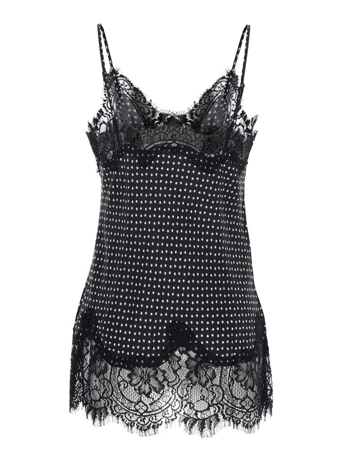 Black V-neck top with all-over print and lace details in fabric woman Tops