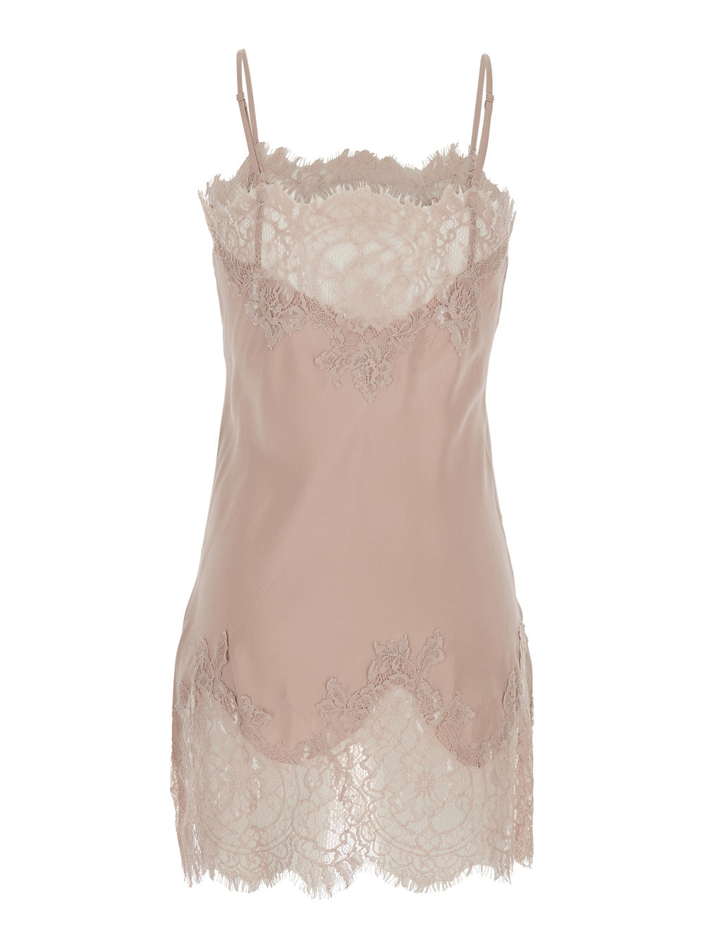 Pink Dress With Lace Embroidery Details And Thin Straps Fabric Woman