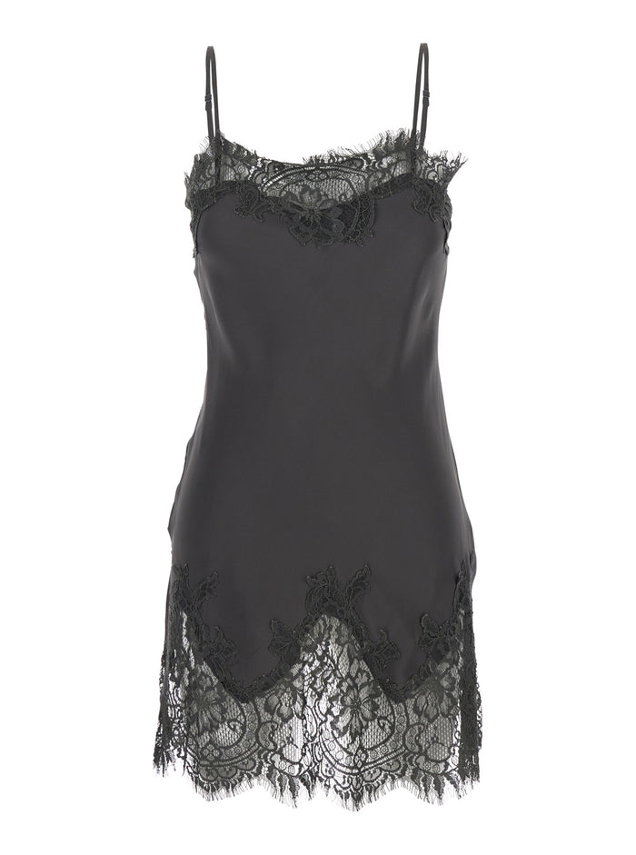 Black Dress With Lace Embroidery Details And Thin Straps Fabric Woman