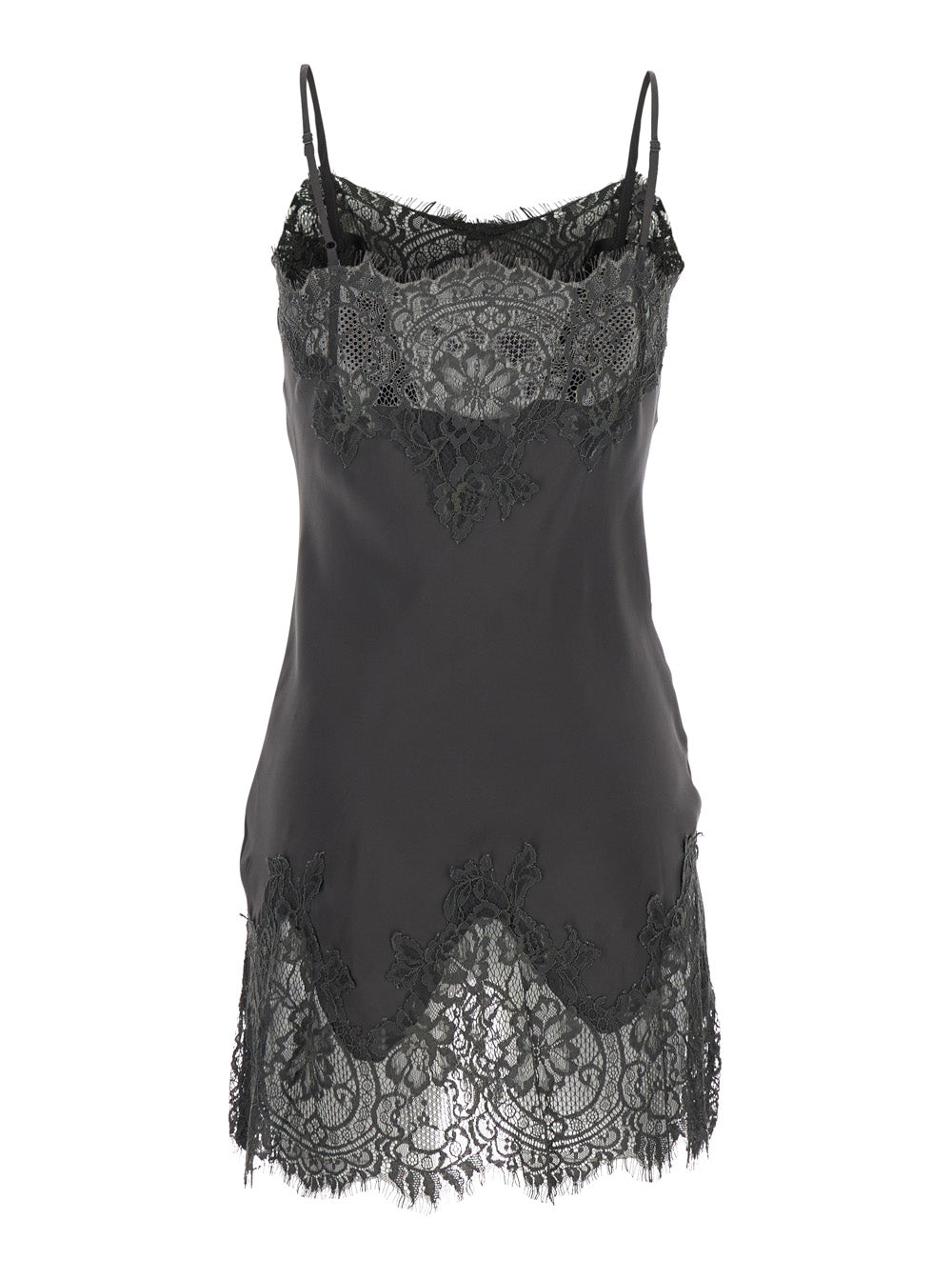 Black Dress With Lace Embroidery Details And Thin Straps Fabric Woman