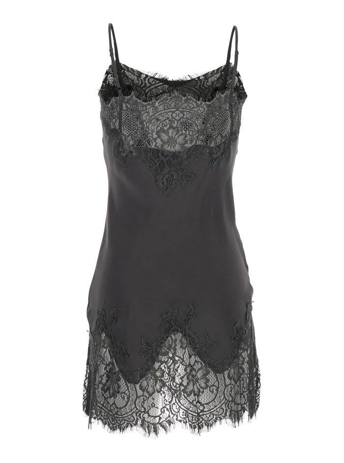 Black Dress With Lace Embroidery Details And Thin Straps Fabric Woman