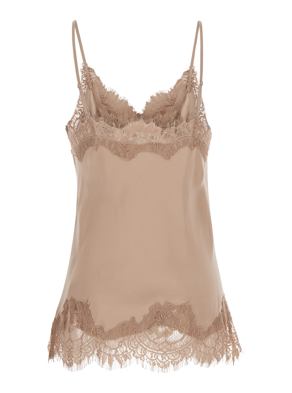Coco Tank Top with Tone-on-Tone Silk Lace Trimmings Beige Women Tops