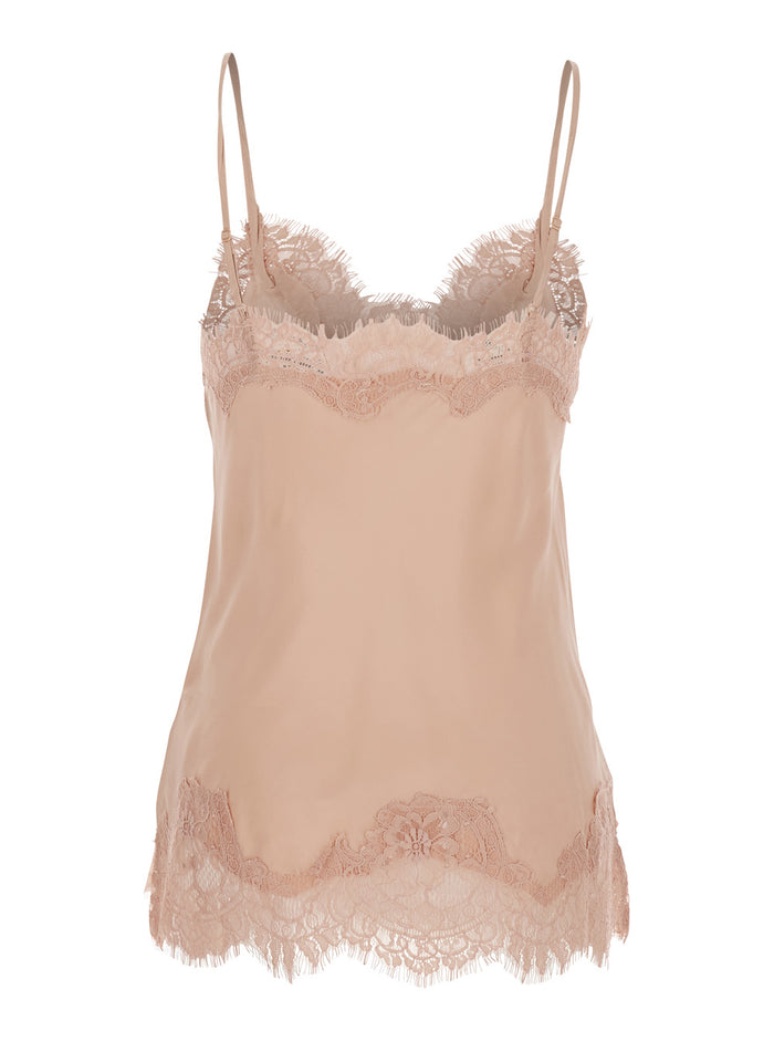 Pink top with lace embroidery details and thin straps in fabric woman Tops